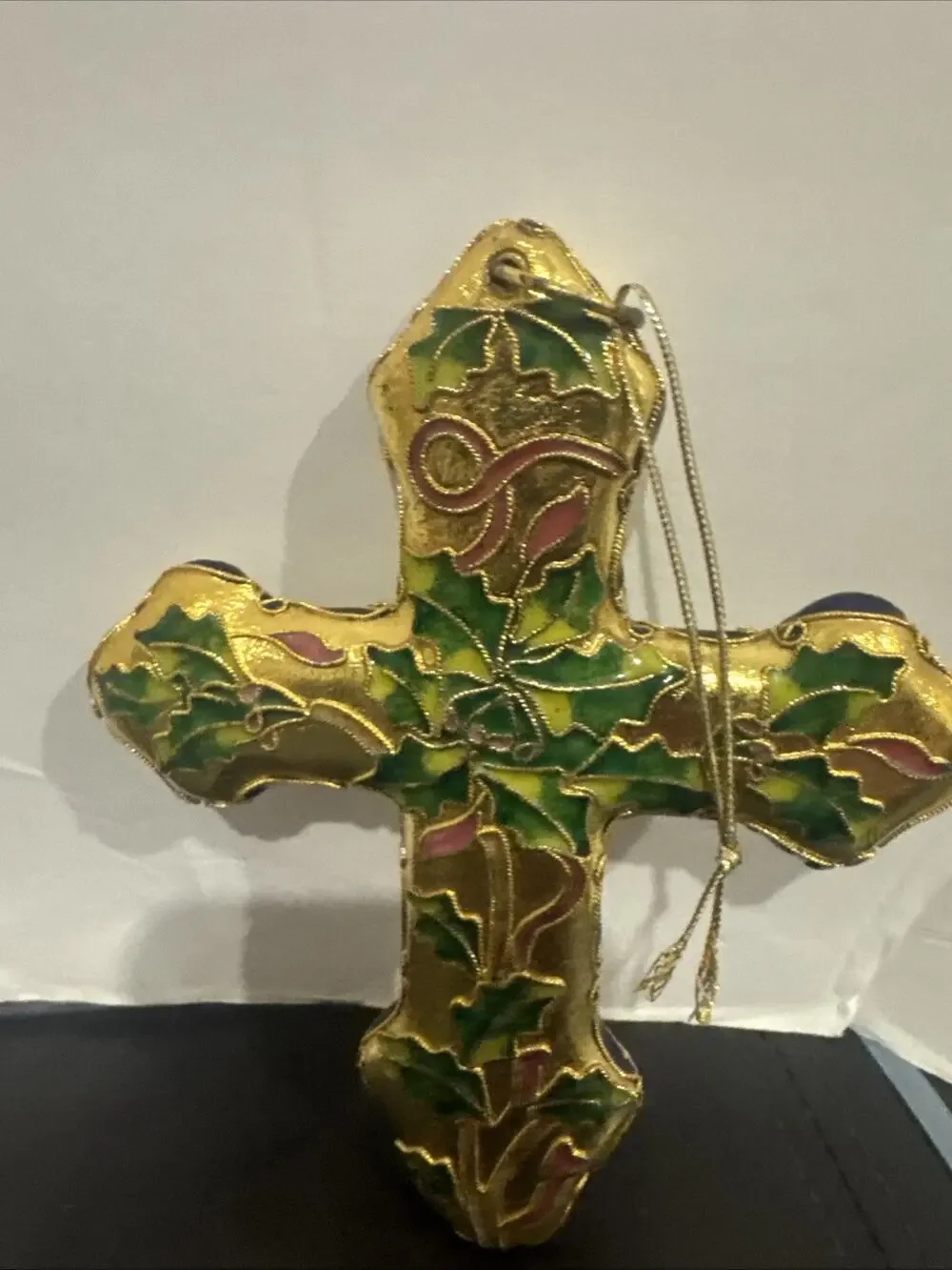 Vintage Cloisonne Enamel Christmas Cross Ornament Holly Gold Green 5.5 Inch